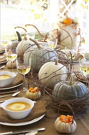 I mean, what's not to love about this? Willow with the green and white pumpkins... also, keep in mind that the best centerpieces are low ones, no matter how fun a tall dramatic bouquet can be. With low profile ones, you can see everyone at the table and pass food easily. 